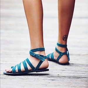 FP Teal Suede Strappy Gladiator Wrap Sandals
